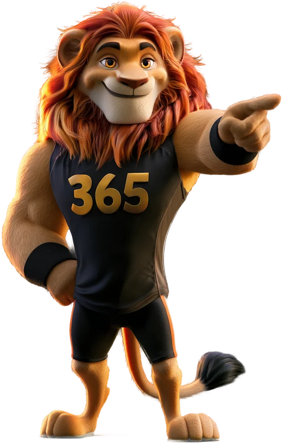 Leo, der Löwe von 365 Lions, zeigt auf etwas und erklärt